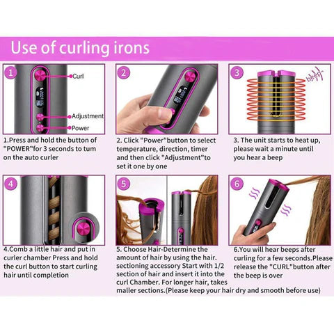 Cordless Automatic Hair Curler Portable Electric Wand Curling Iron Rechargeable