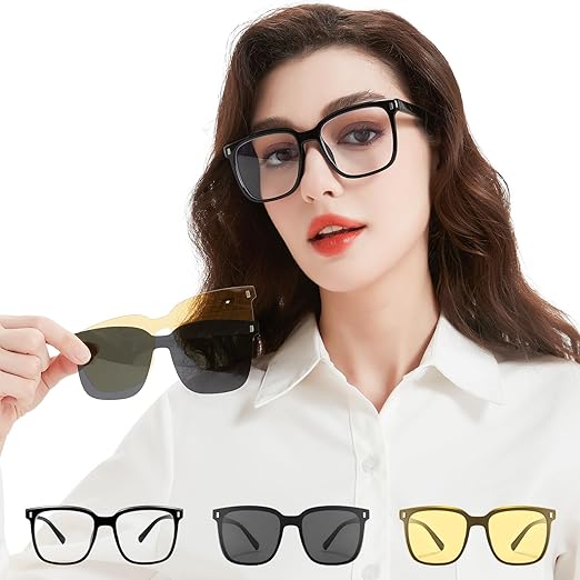 Magnetic Clip on Sunglasses for Men & Women Polarized UV Protection Retro Square Eyeglasses Fit Over Night Driving (3 PCS)