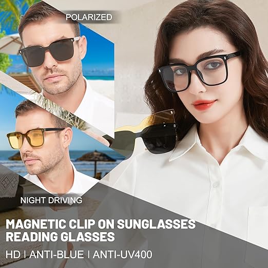 Magnetic Clip on Sunglasses for Men & Women Polarized UV Protection Retro Square Eyeglasses Fit Over Night Driving (3 PCS)