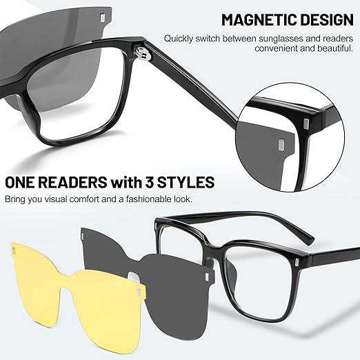 Magnetic Clip on Sunglasses for Men & Women Polarized UV Protection Retro Square Eyeglasses Fit Over Night Driving (3 PCS)