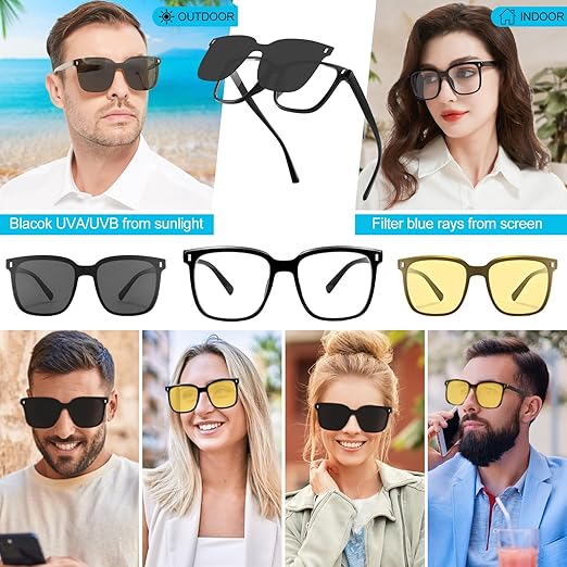 Magnetic Clip on Sunglasses for Men & Women Polarized UV Protection Retro Square Eyeglasses Fit Over Night Driving (3 PCS)