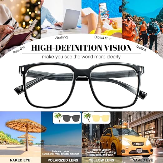 Magnetic Clip on Sunglasses for Men & Women Polarized UV Protection Retro Square Eyeglasses Fit Over Night Driving (3 PCS)