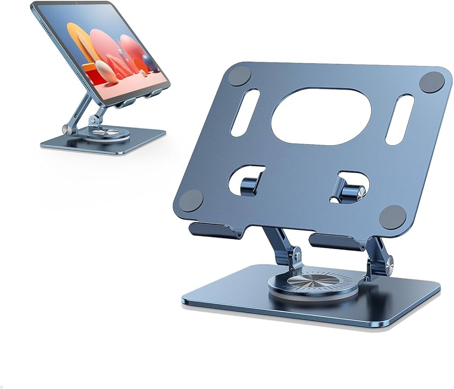 Adjustable Desktop Tablet Holder with 360° Rotating Base and Built-in Storage Stand