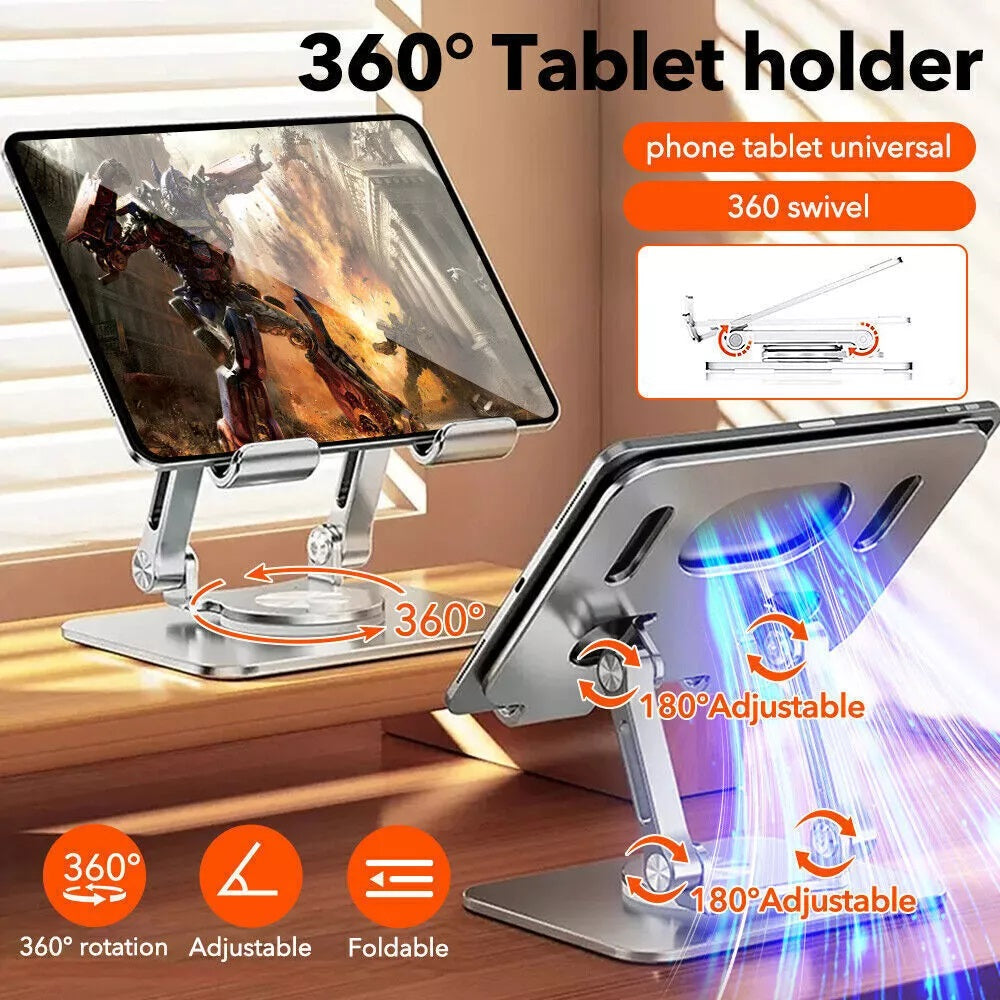 Adjustable Desktop Tablet Holder with 360° Rotating Base and Built-in Storage Stand