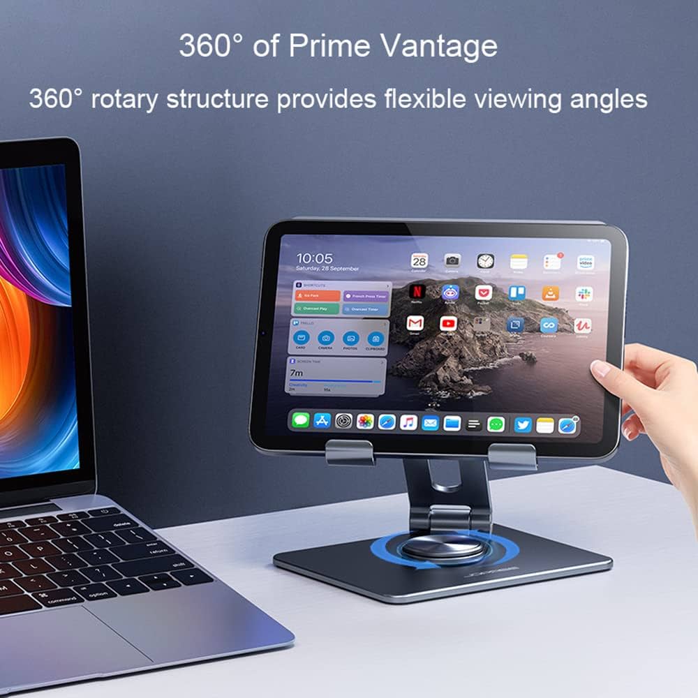 Adjustable Desktop Tablet Holder with 360° Rotating Base and Built-in Storage Stand