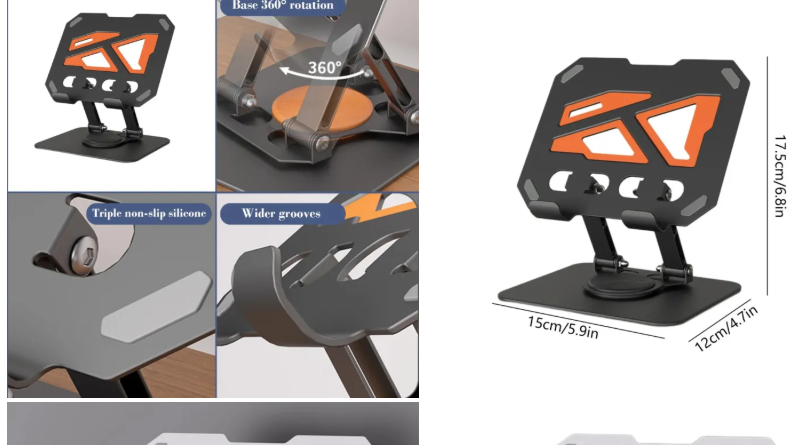 Adjustable Desktop Tablet Holder with 360° Rotating Base and Built-in Storage Stand